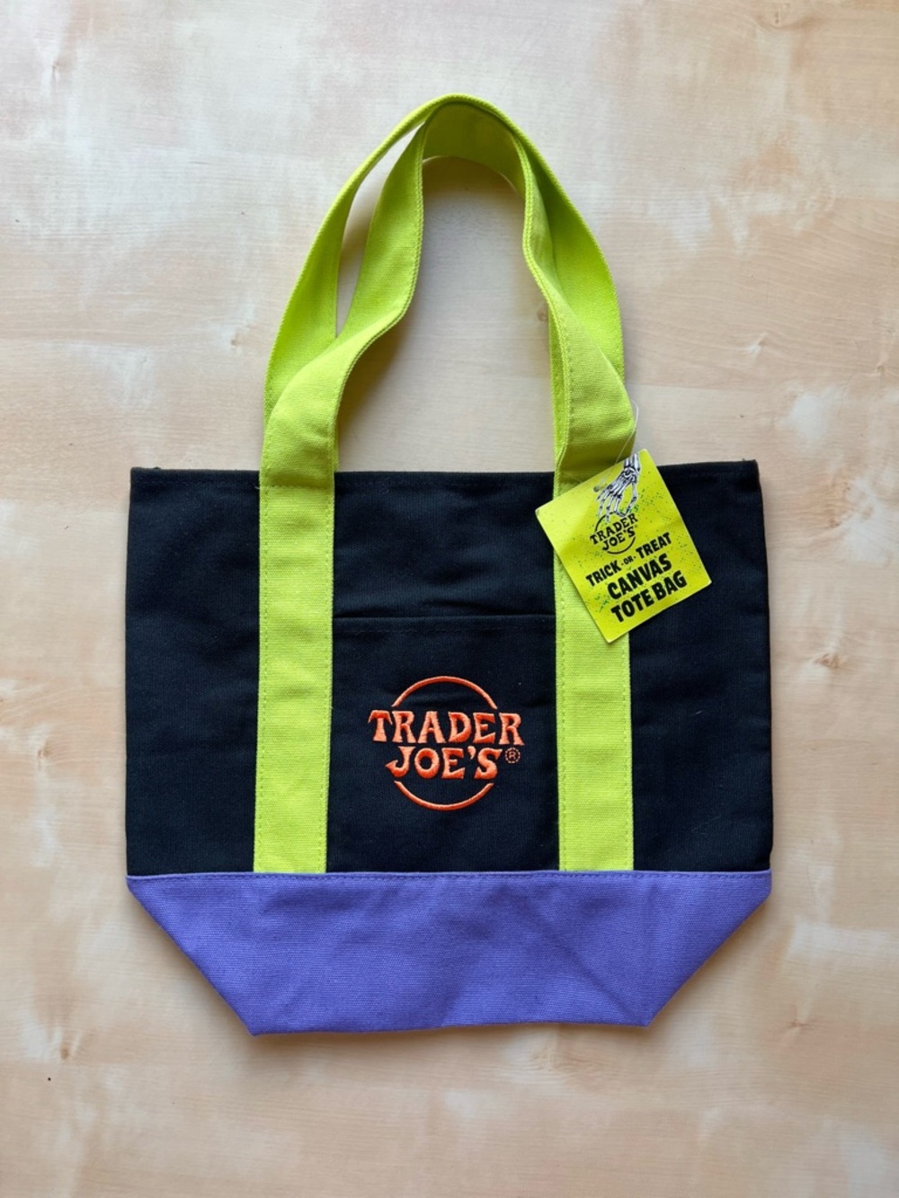 Trader Joe's Black Canvas Trick or Treat Mini Tote Bag Lime Handles Purple Base